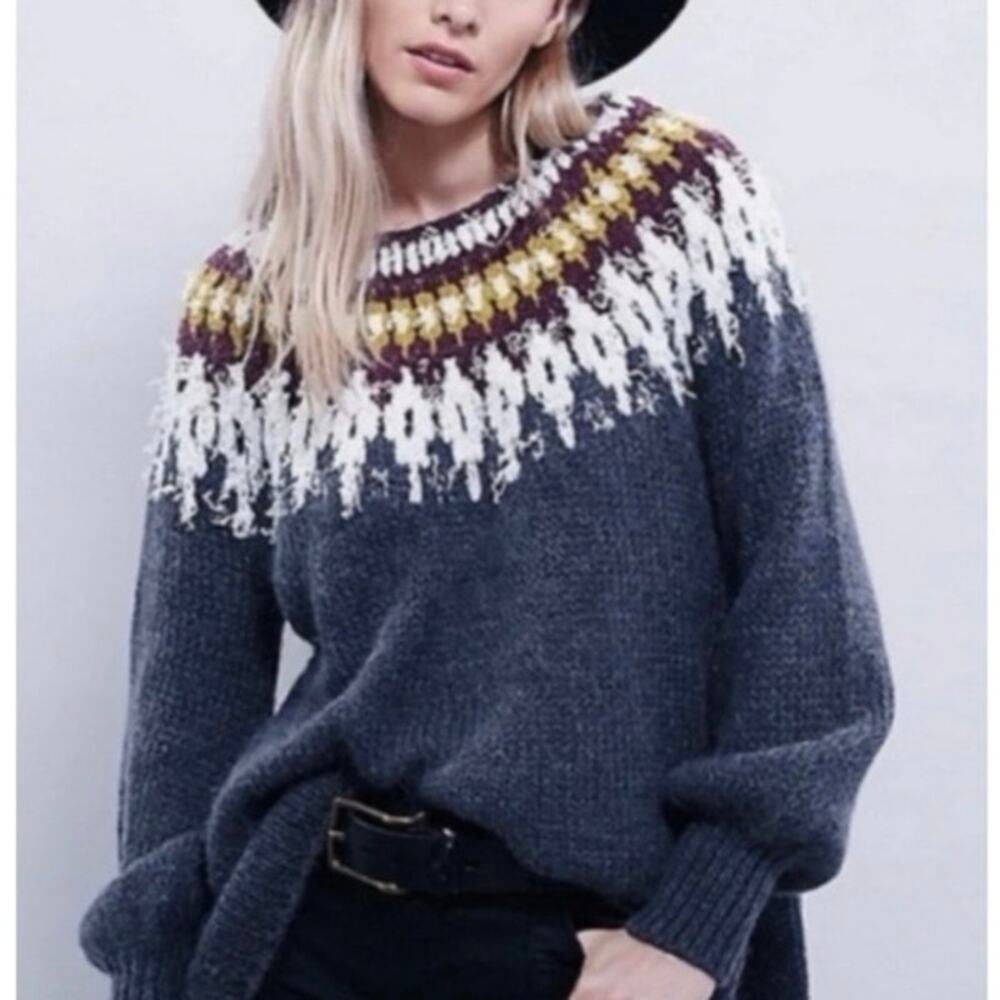 Free People Fair Isle Chunky Knit Sweater XS Boho Oversized Pullover